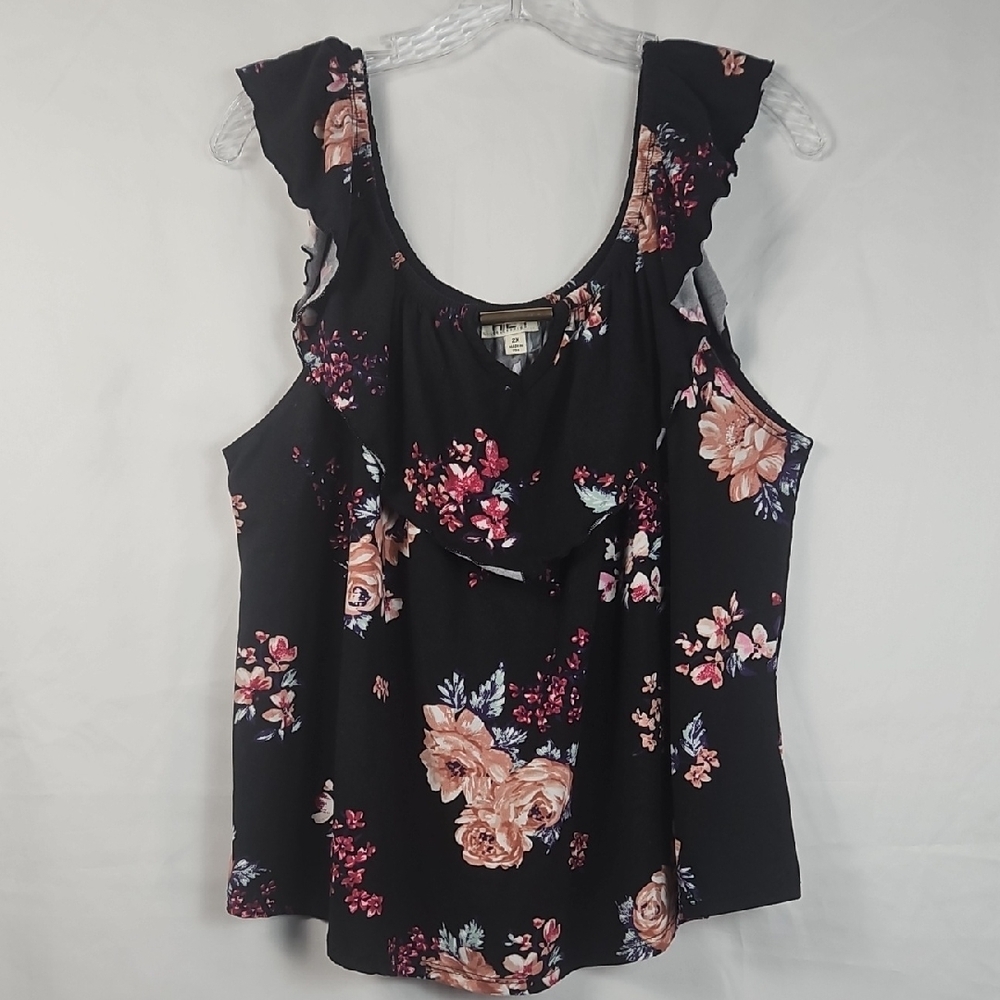 Women's HEY Collection Black Ruffled Vibrant Floral Tank Top Scoop Neckline T9